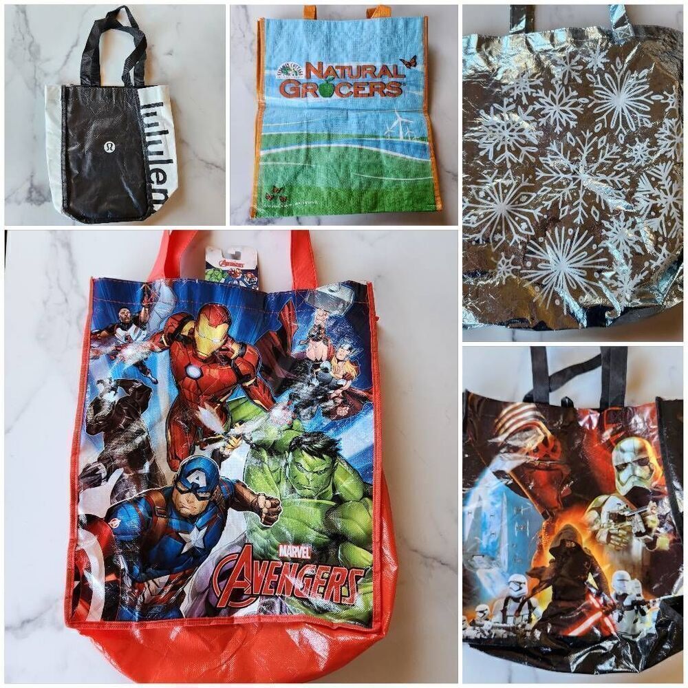 Reusable Shopping bag bundle of 6 Avengers Star Wars Lululemon Snowflakes Alien